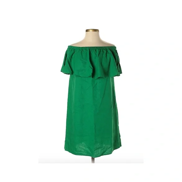 Green Ruffled Off the Shoulder Linen Dress